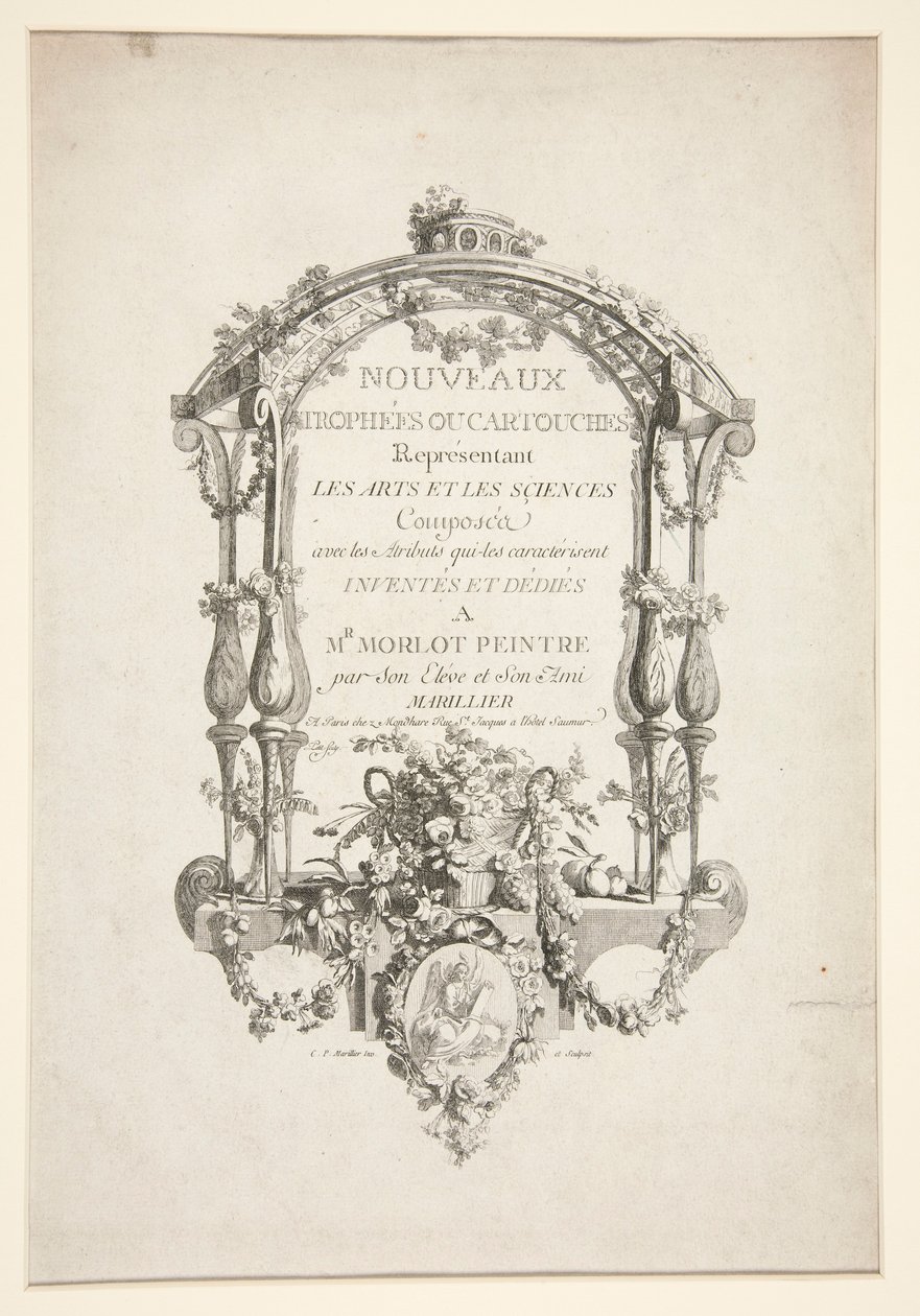 Pagina del titolo da Nouveaux Trophees ou cartouches rappresentant les arts et les sciences da Clément Pierre Marillier