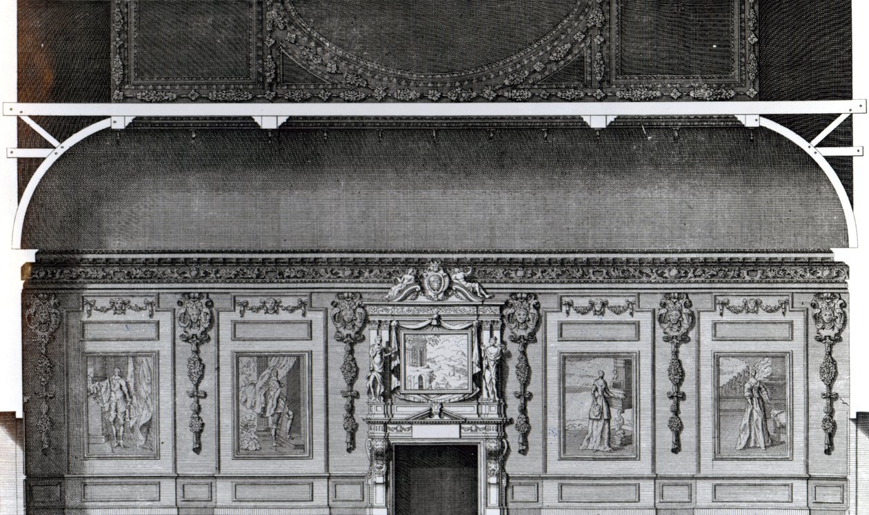 Sezione della Grande Sala da Pranzo a Wilton, dopo un disegno di Inigo Jones, inciso da H. Hulsbergh, pubblicato in 