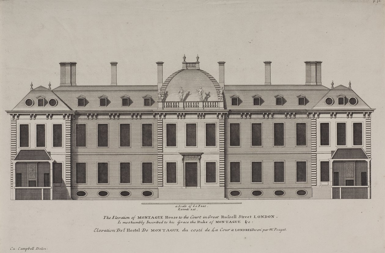 Elevazione della Montague House verso la corte di Great Russell Street, Holborn, c.1725 (incisione) da Colen Campbell