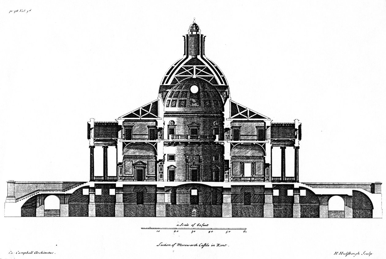 Sezione del Castello di Mereworth nel Kent, incisa da H. Hulsbergh, c.1722-24 da Colen Campbell
