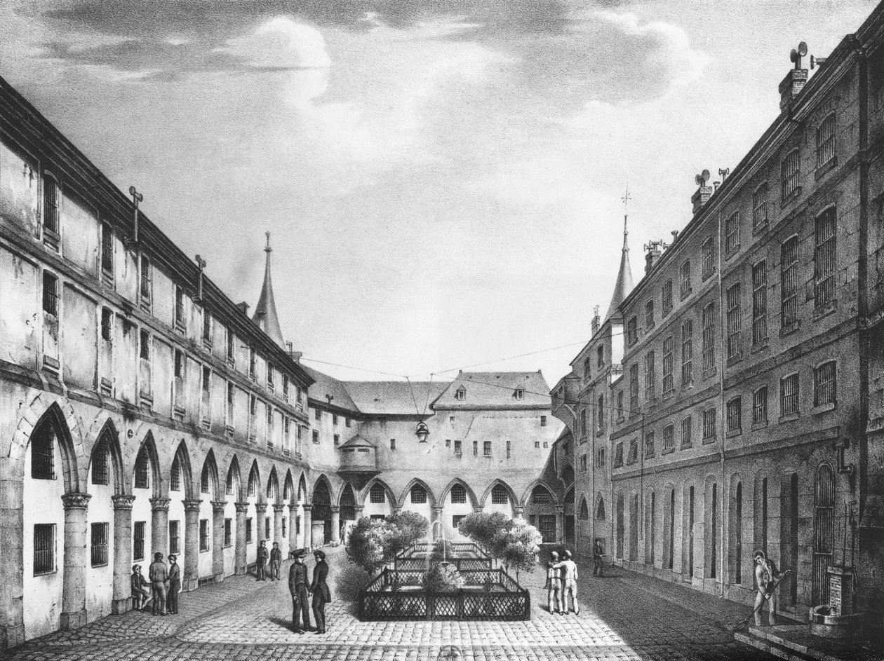 Veduta del cortile degli uomini alla prigione della Conciergerie, inciso da Alphonse Urruty c.1831 da Collard