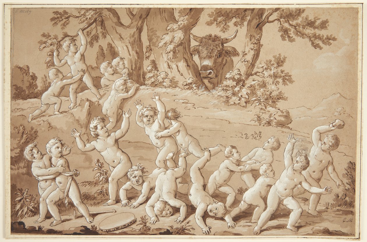 Un grande gruppo di putti terrorizzati dall
