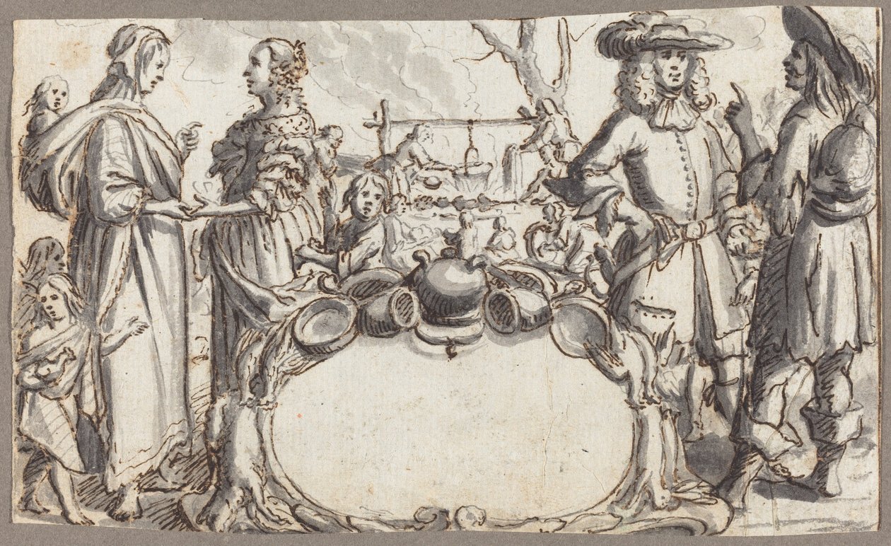 Allegoria della povertà e della ricchezza (penna e inchiostro marrone con lavaggio grigio su carta vergata) da Conrad Meyer