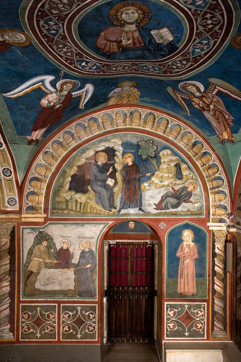 Diversi episodi della vita di San Benedetto: al centro “Il miracolo di San Placido” San Benedetto da Norcia, grazie all