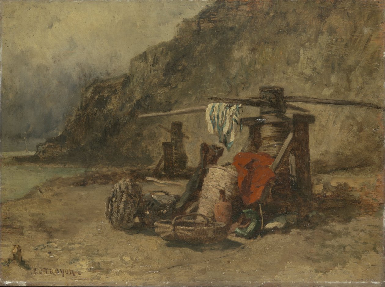 Scena di spiaggia con stand di mantelli da Constant-Emile Troyon