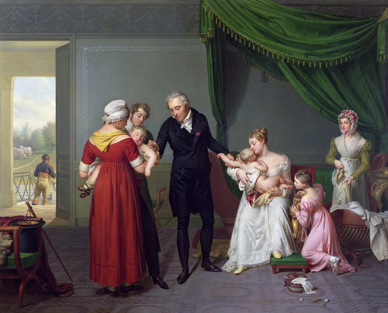 Il barone Jean Louis Alibert (1768-1837) che esegue la vaccinazione contro il vaiolo nel castello di Liancourt, c. 1820 da Constant Joseph Desbordes