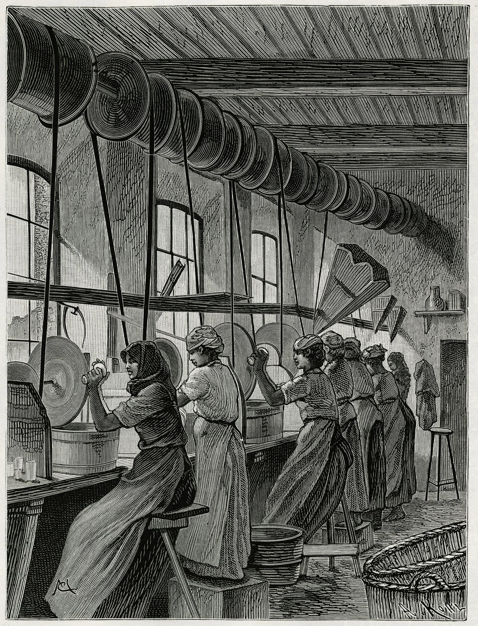 Un laboratorio femminile alla vetreria di Val Saint Lambert. Incisione di C.Meunier per illustrare il racconto “Il Belgio”, di Camille Lemonnier (1844-1913), scrittore e critico d
