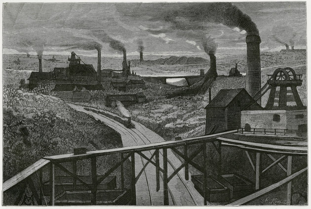 Estrazione del carbone e terrili (aspetti della contree boraine). Incisione di Constant Meunier, per illustrare la storia 