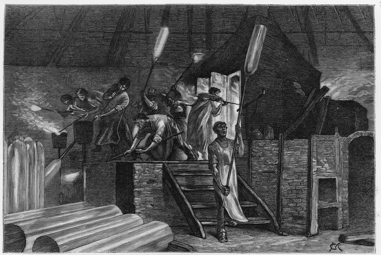Dentro una vetreria, a Lodelinsart (o Lodlinsat, nella città di Charleroi). Incisione di Constant Meunier, per illustrare la storia 