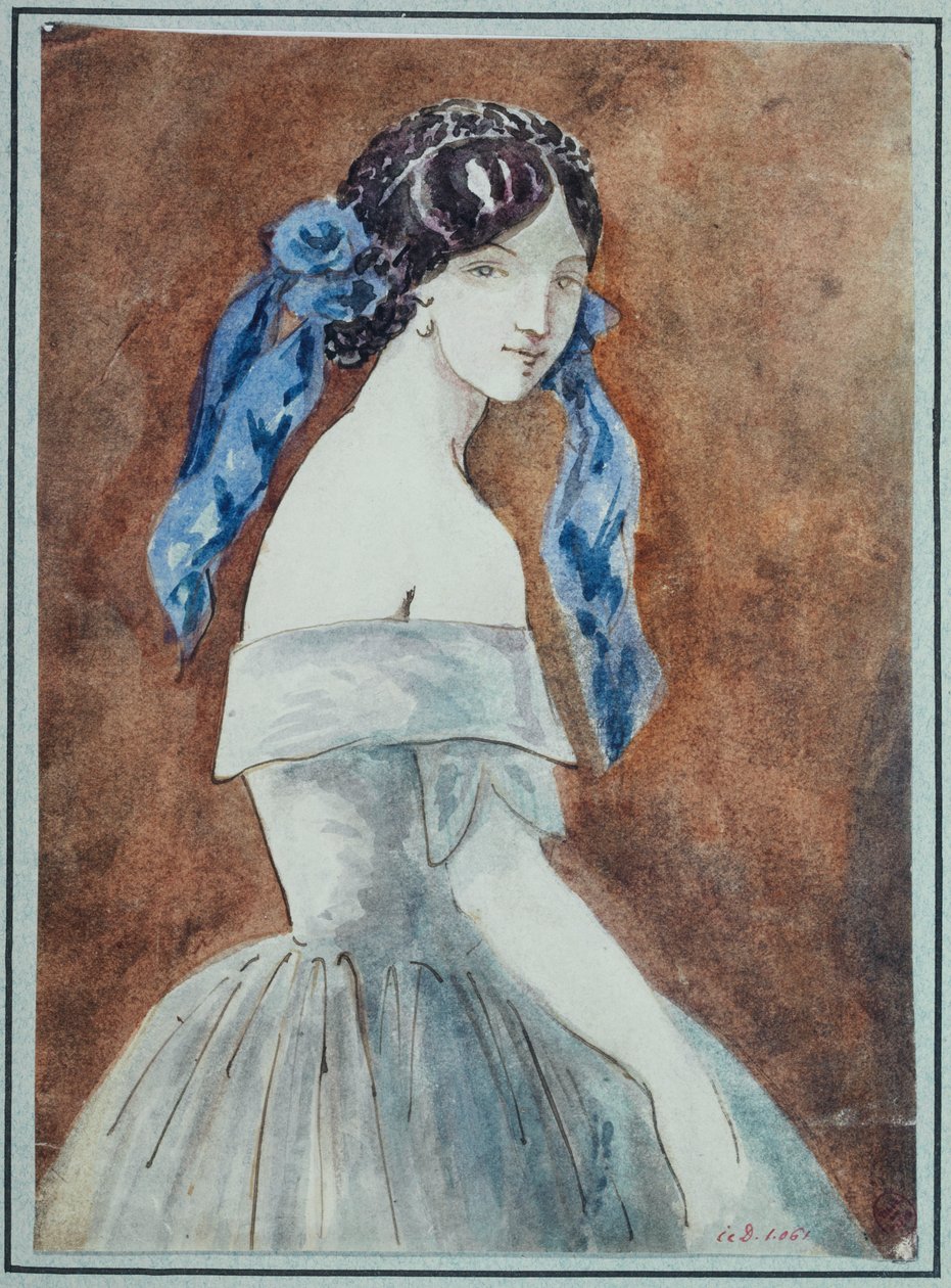 Studio di donna a mezzo busto, abito scollato, velo annodato sui capelli da Constantin Guys