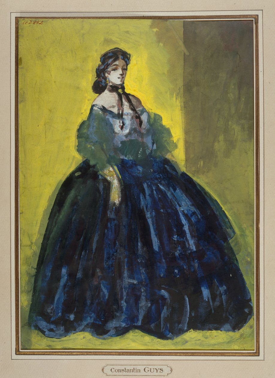Studie einer Frau im blauen Kleid vor gelbem und grünem Hintergrund, um 1865 da Constantin Guys
