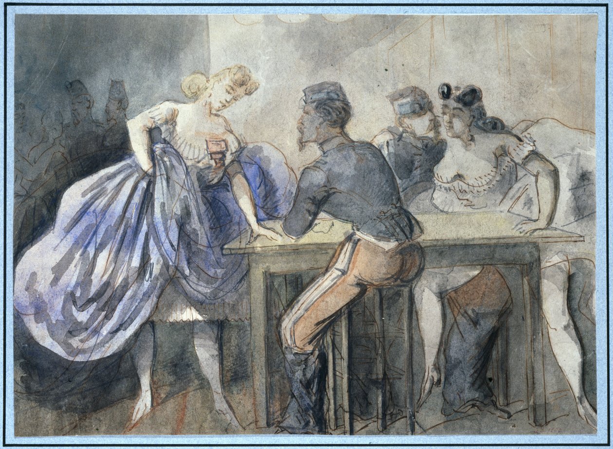 Scena in una casa pubblica, due donne e due militari attorno a un tavolo, sullo sfondo a sinistra altre sagome di donne e uomini. da Constantin Guys