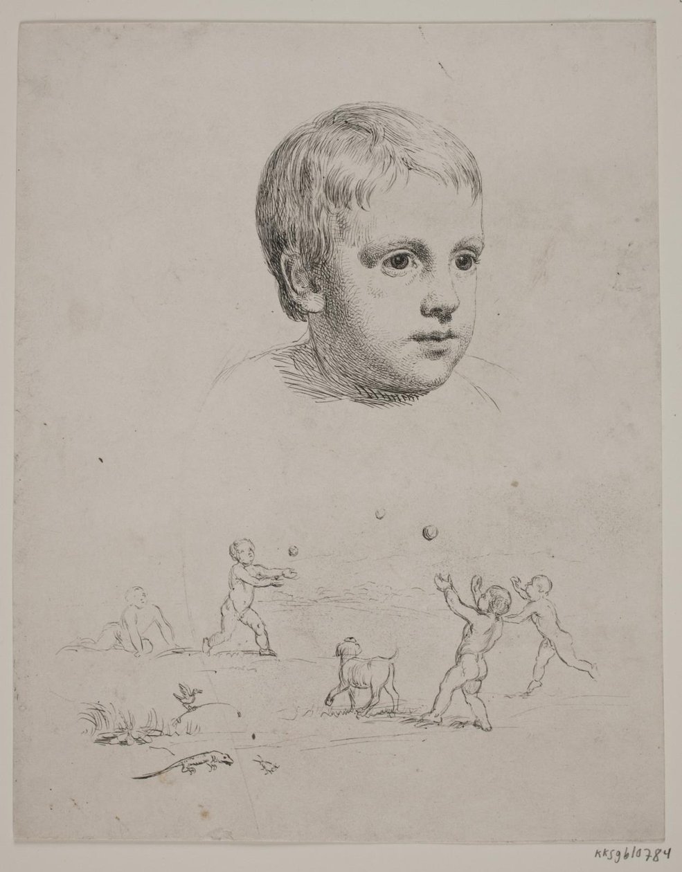 In alto ritratto di T. N. Thiele da bambino, in basso quattro ragazzi che giocano a palla da Constantin Hansen