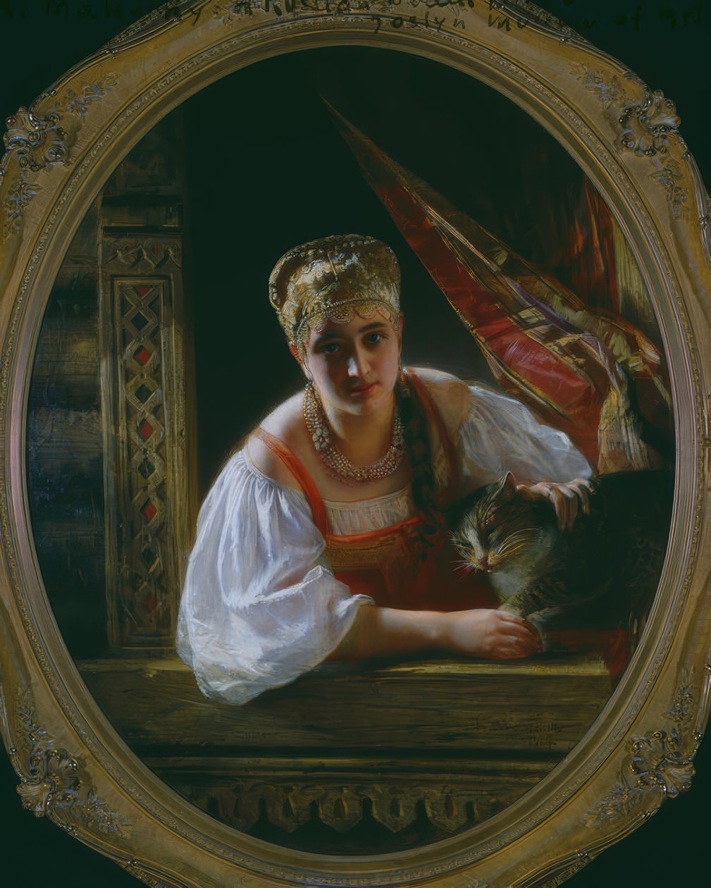 Bellezza russa con gatto da Constantine Egorovitch Makovsky