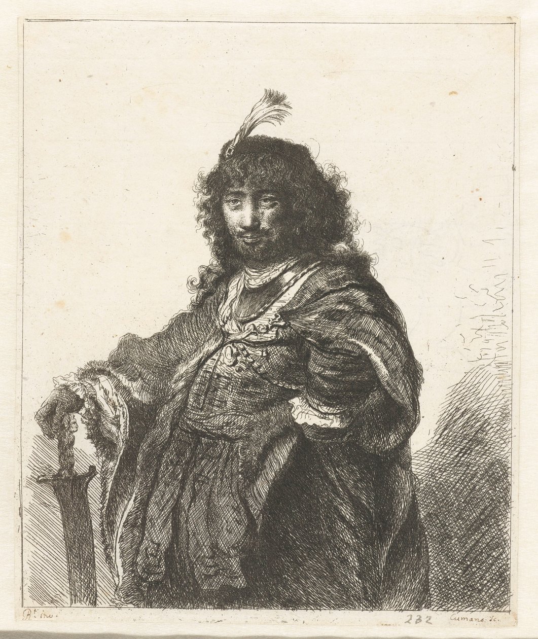 Autoritratto (?) con cappello piumato e sciabola abbassata da Constantino Cumano