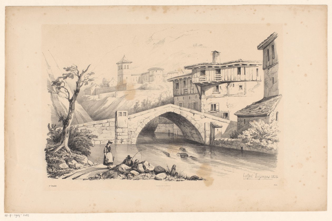 Ponte sul fiume in un villaggio di montagna da Constantinus Cornelis Huysmans