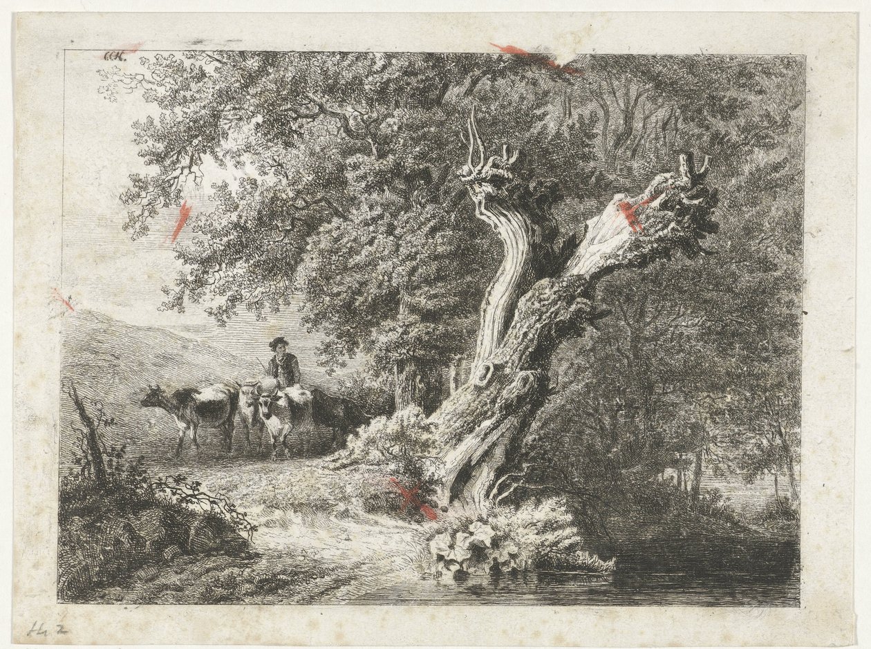 Paesaggio con albero spoglio e pastore da Constantinus Cornelis Huysmans