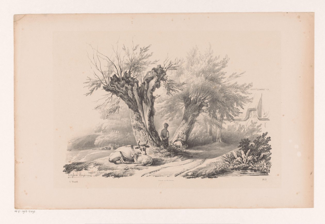 Strada di campagna con uomo e donna che riposano da Constantinus Cornelis Huysmans