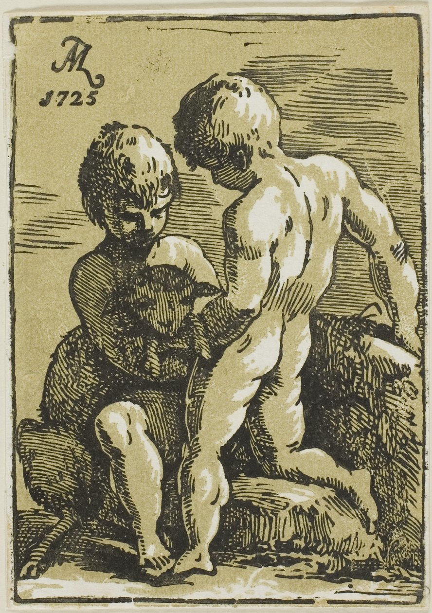 Due bambini che accarezzano un agnello da Conte Antonio Maria Zanetti the Elder