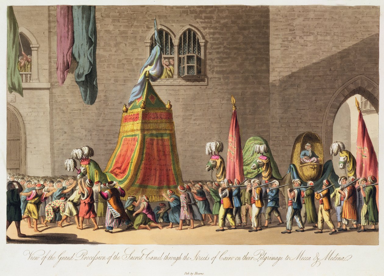 Veduta della grande processione del cammello sacro per le strade del Cairo durante il pellegrinaggio alla Mecca e Medina, pub. 1822 da Cooper Willyams
