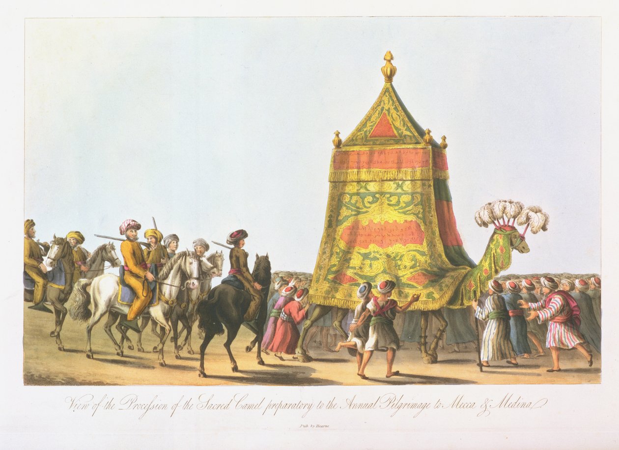 Vista della processione del cammello sacro preparatoria al pellegrinaggio annuale alla Mecca e Medina, pub. 1822 da Cooper Willyams