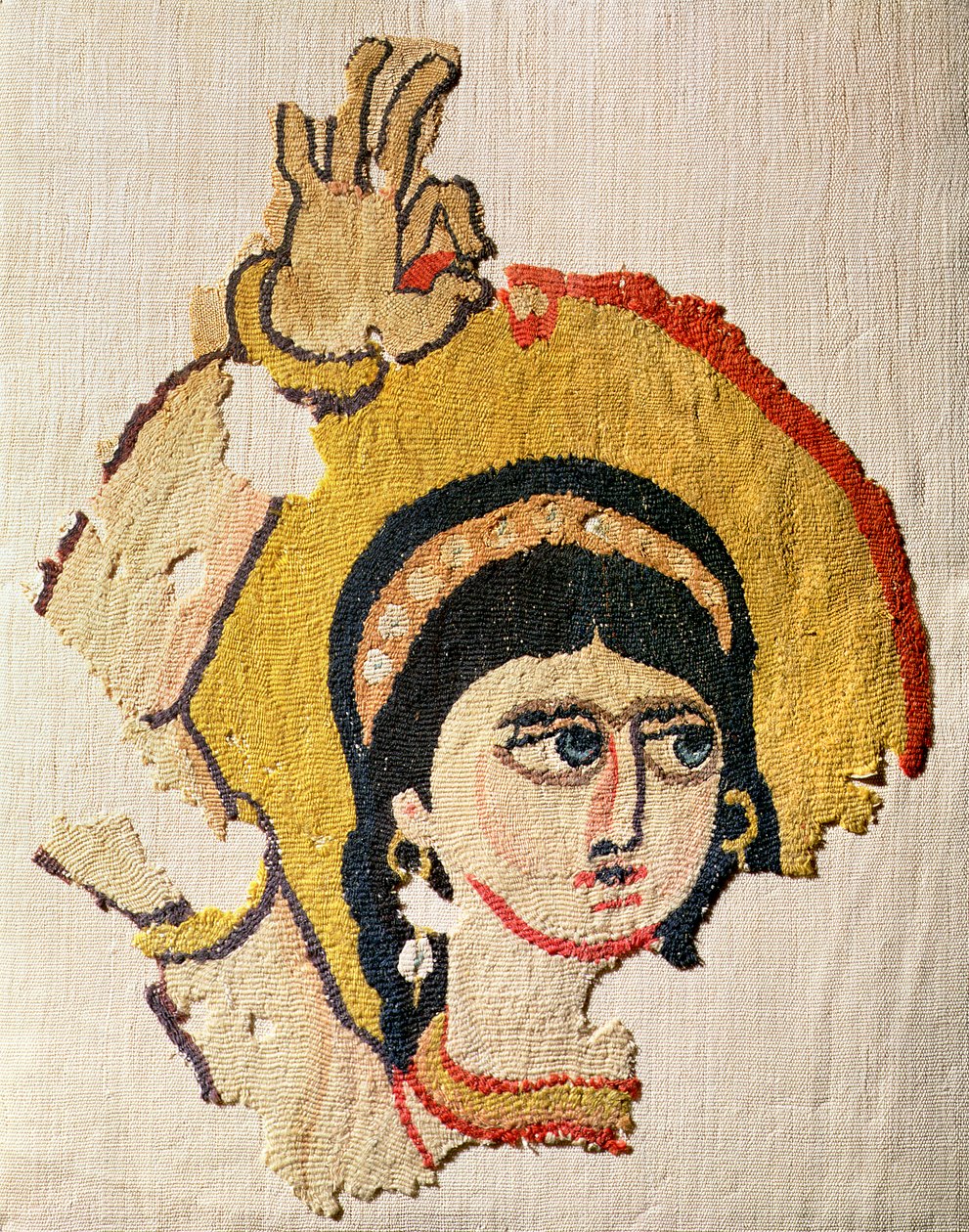 Frammento di un arazzo raffigurante la testa di una danzatrice da Coptic