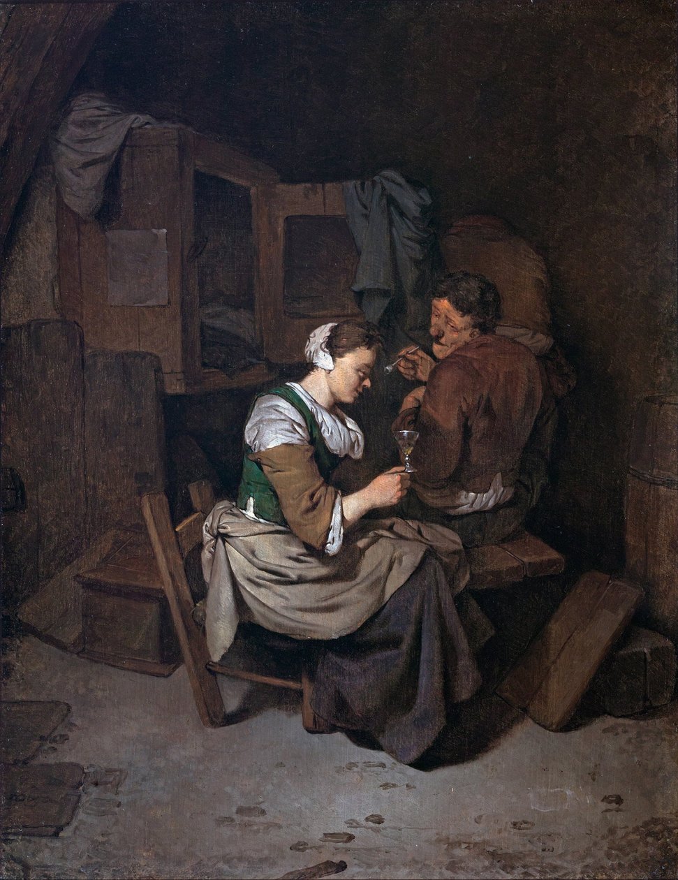 Donna con bicchiere di vino e due contadini maschi da Cornelis Pietersz Bega