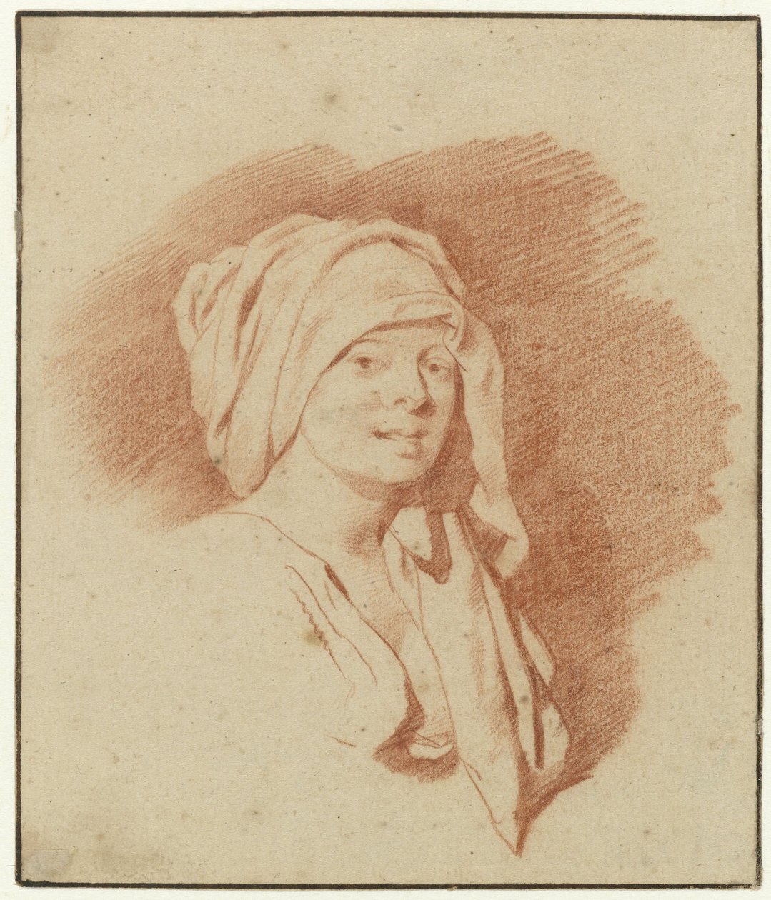 Disegno a sanguigna di un busto di donna con un asciugamano intorno alla testa da Cornelis Pietersz Bega