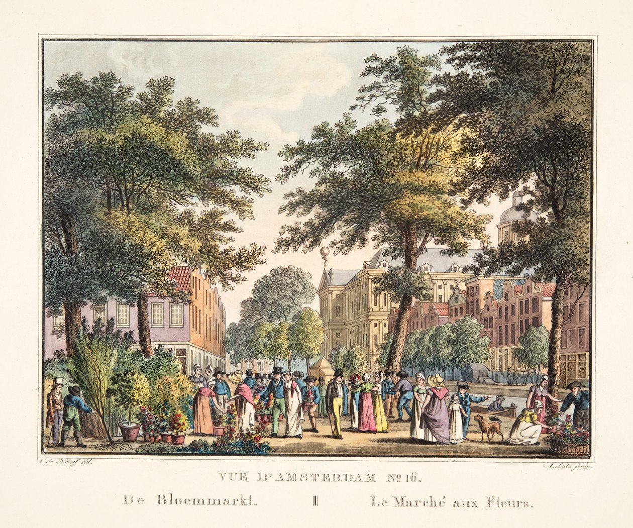 Veduta di Amsterdam No.16. De Bloemmarkt. Il mercato dei fiori, 1825 da Cornelis de Kruyff