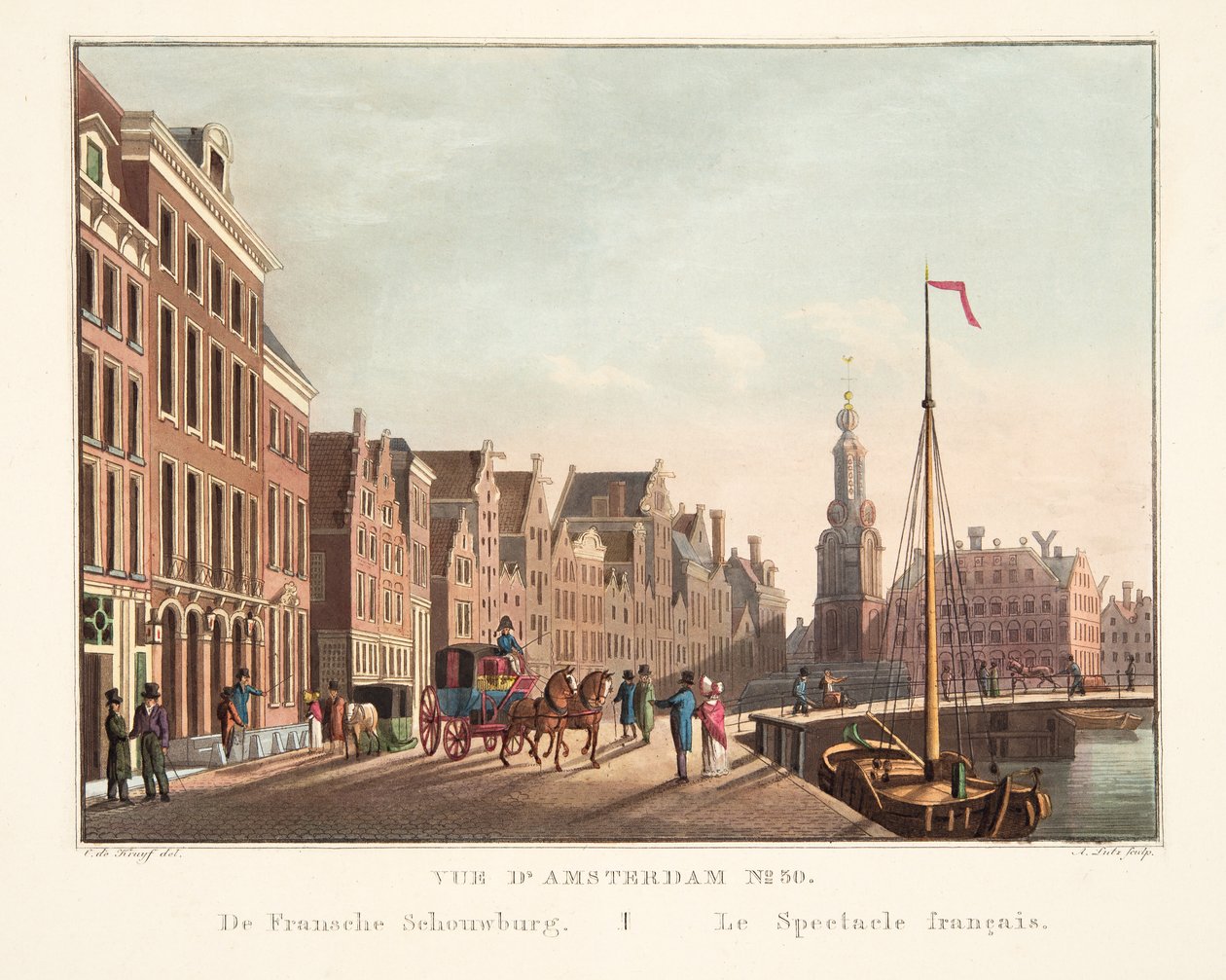 Veduta di Amsterdam No.30. De Fransche Schouwburg. Le Spectacle français, 1825 da Cornelis de Kruyff
