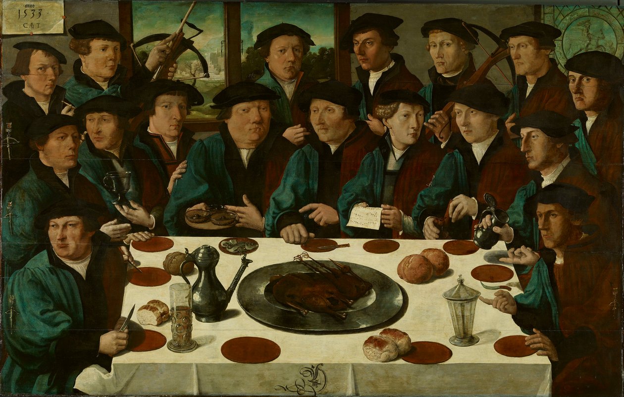Olandese:  De Braspenningsmaaltijd Banchetto dei membri della Guardia Civica Balestra di Amsterdam.

 Titolo/i alternativo/i:  
Olandese:  De Braspenningsmaaltijd Banchetto della Squadra D della Guardia Civica Balestra, "Il Banchetto di Braspenning". da Cornelis Anthonisz.