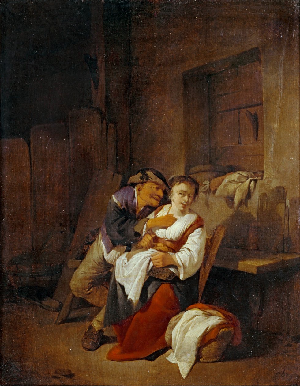 Uomo anziano che lotta con una giovane donna in un interno ... da Cornelis Bega