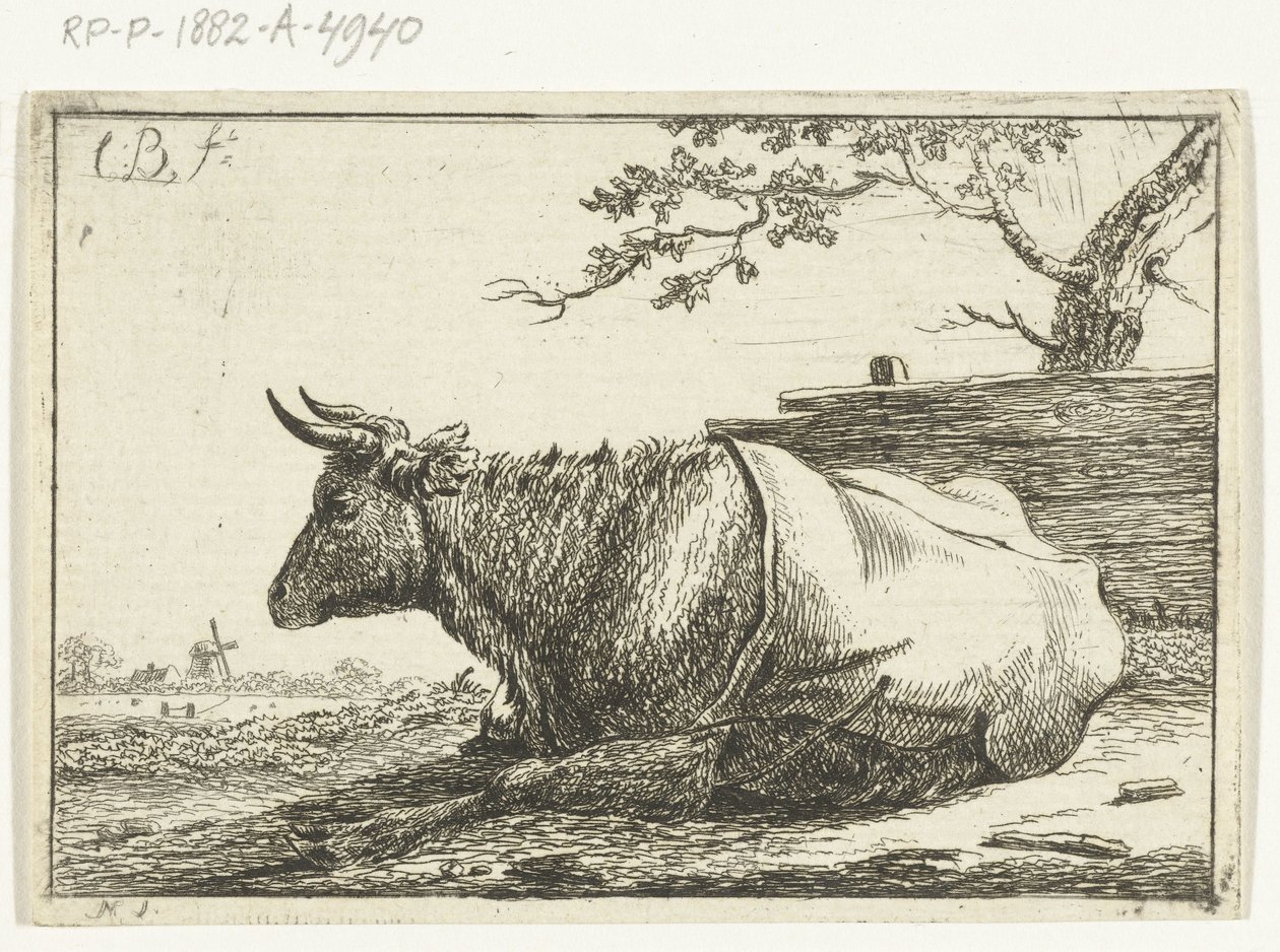 Paesaggio con mucca sdraiata con coperta sulla schiena da Cornelis  Bisschop