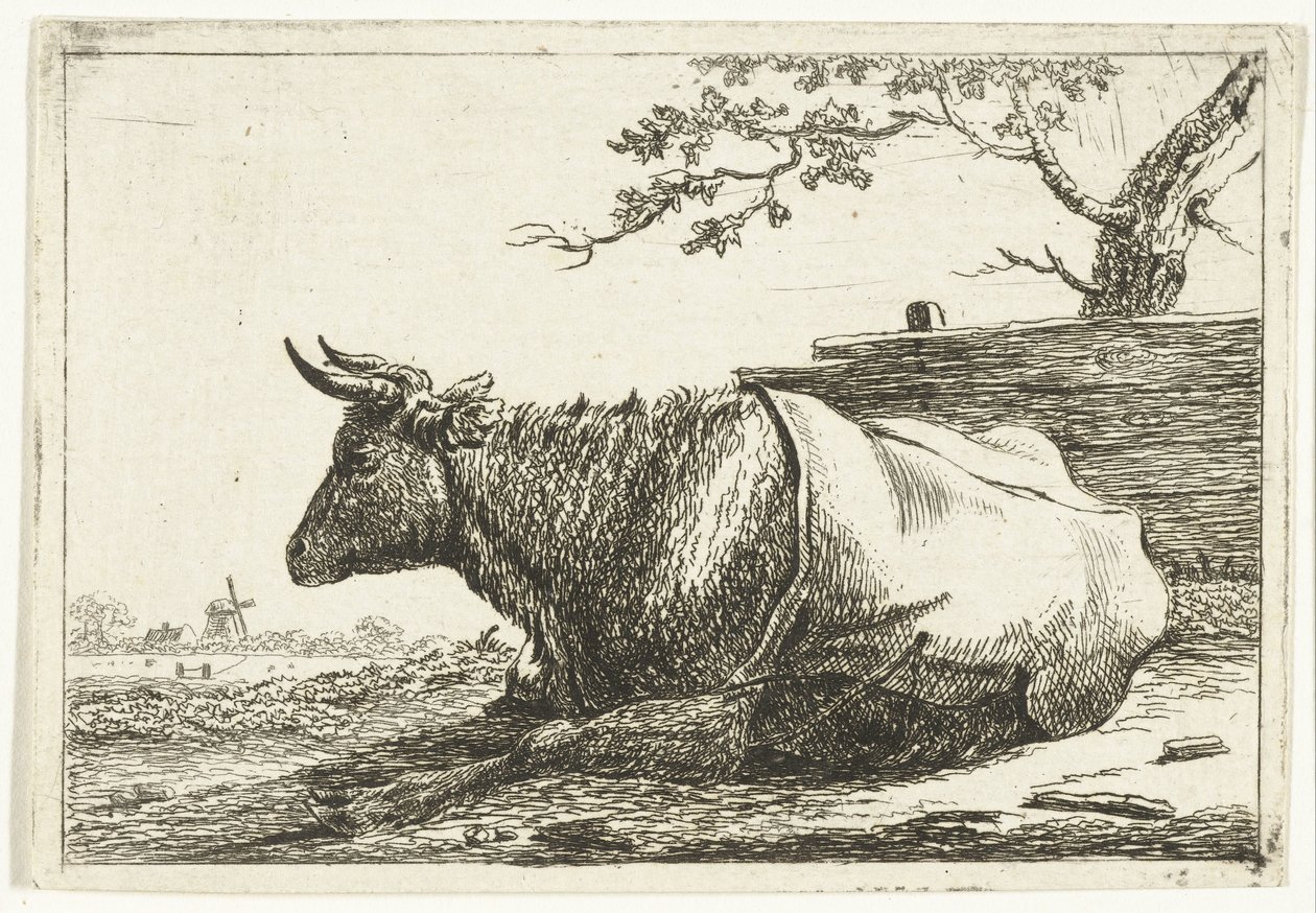 Paesaggio con mucca sdraiata con coperta sulla schiena da Cornelis  Bisschop