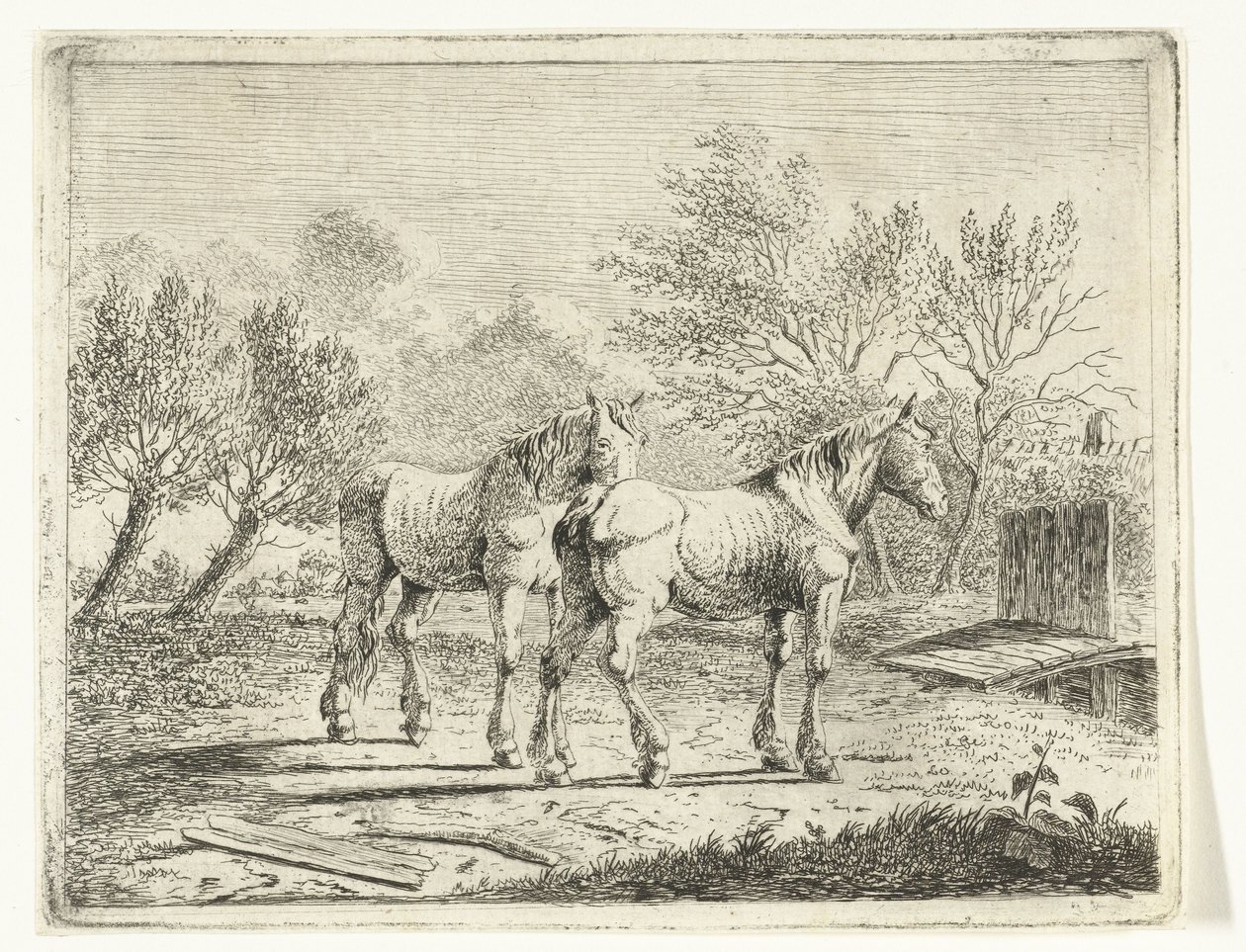 Paesaggio di pascolo con due cavalli vicino a un ponticello e una fattoria da Cornelis  Bisschop