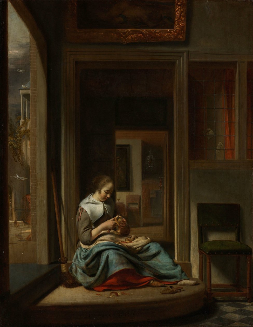 Donna che sbuccia una mela da Cornelis Bisschop
