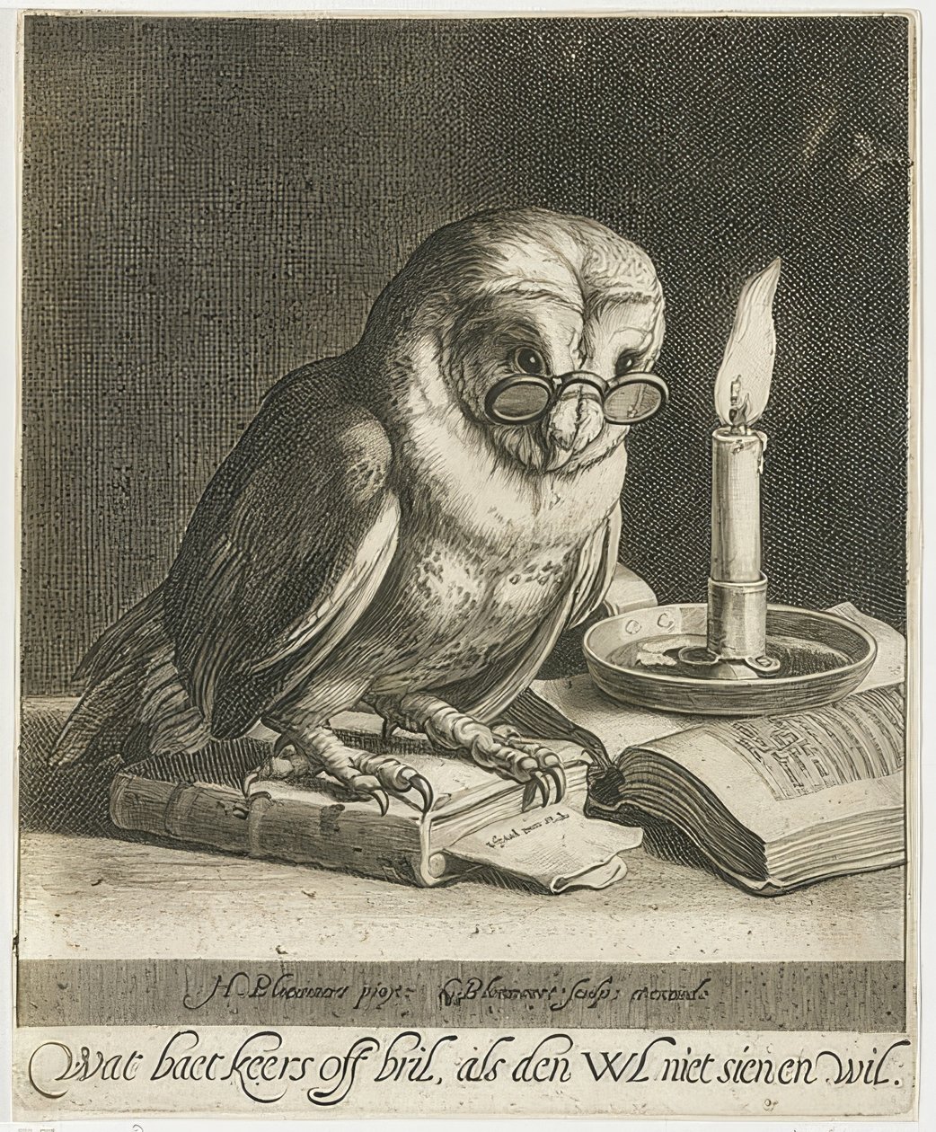 Gufo con occhiali e libri. Circa 1625 da Cornelis Bloemaert