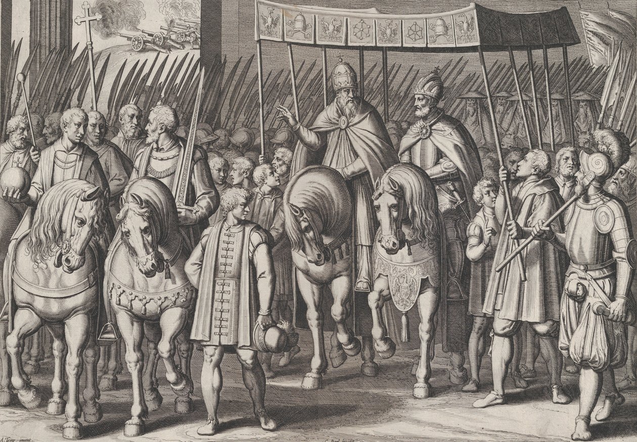 Tavola 3: Carlo V incoronato imperatore entra a Roma con il Papa, dai Trionfi di Carlo..., 1614 da Cornelis Boel