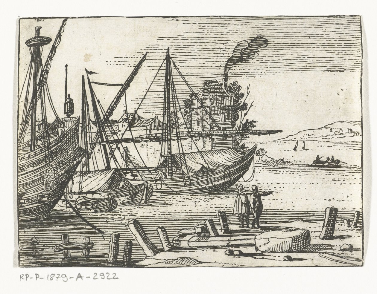 Veduta del porto con due velieri e un galeone, due uomini sulla banchina da Cornelis Bol (attributed to)