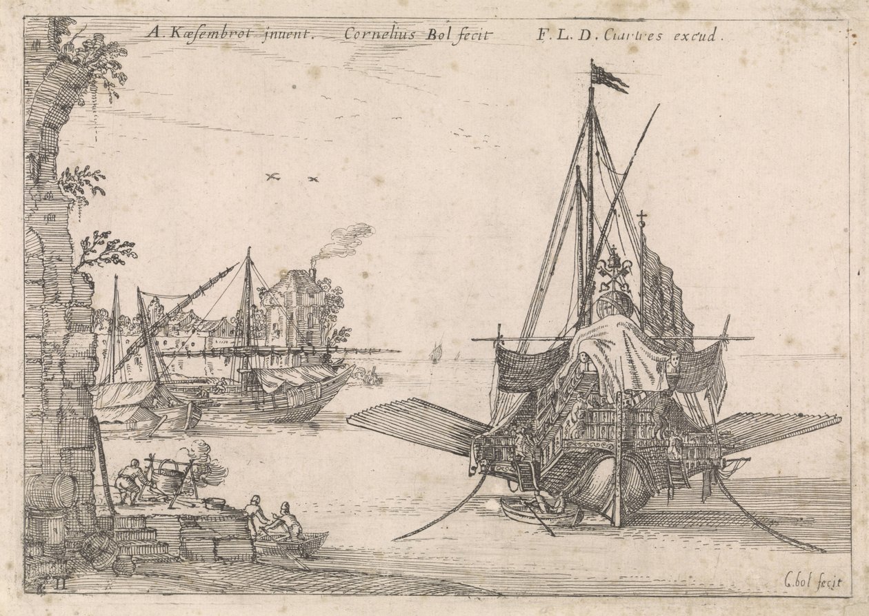Galea ancorata in una baia da Cornelis Bol