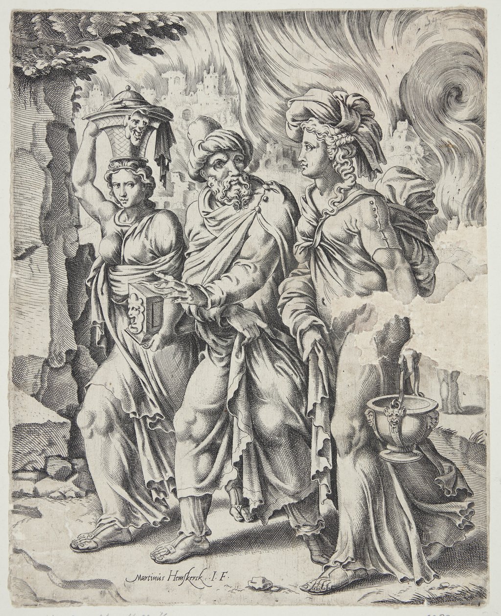 Lot e le sue figlie lasciano Sodoma in fiamme da Cornelis Bos