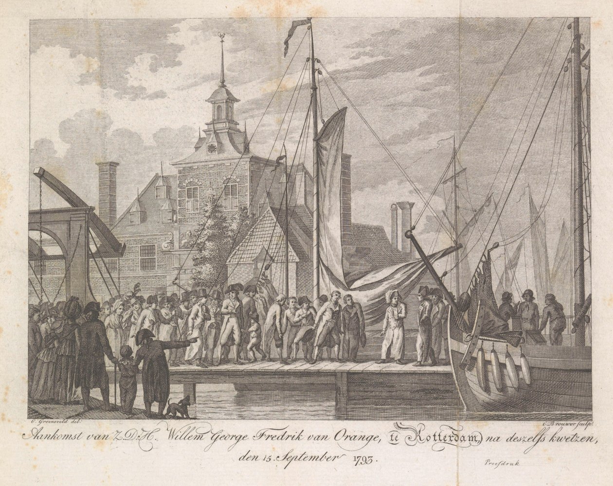 Arrivo del principe ferito Guglielmo Giorgio Federico a Rotterdam, 1793 da Cornelis Brouwer