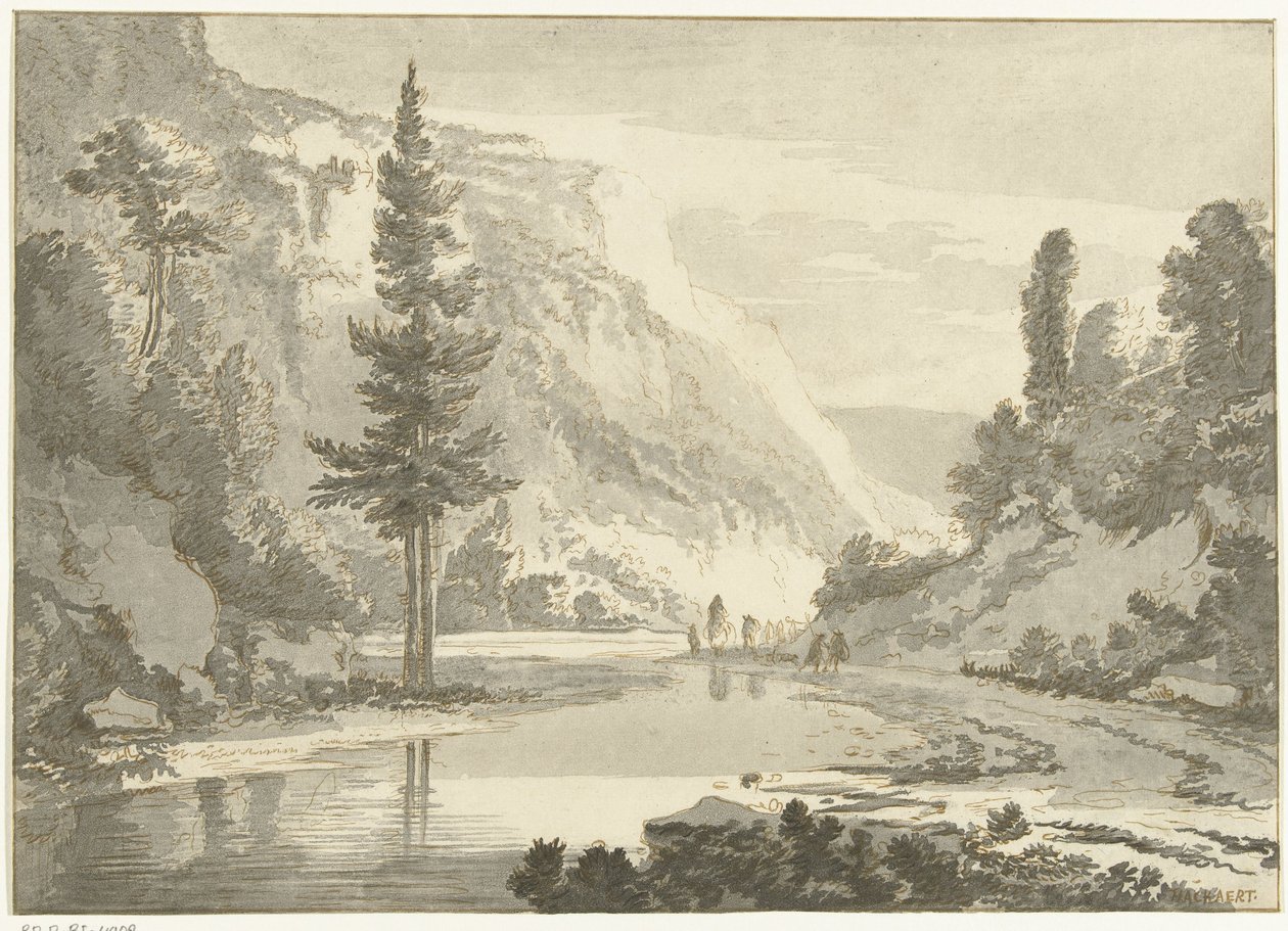 Paesaggio montano con pastori sulla riva di un fiume da Cornelis Brouwer