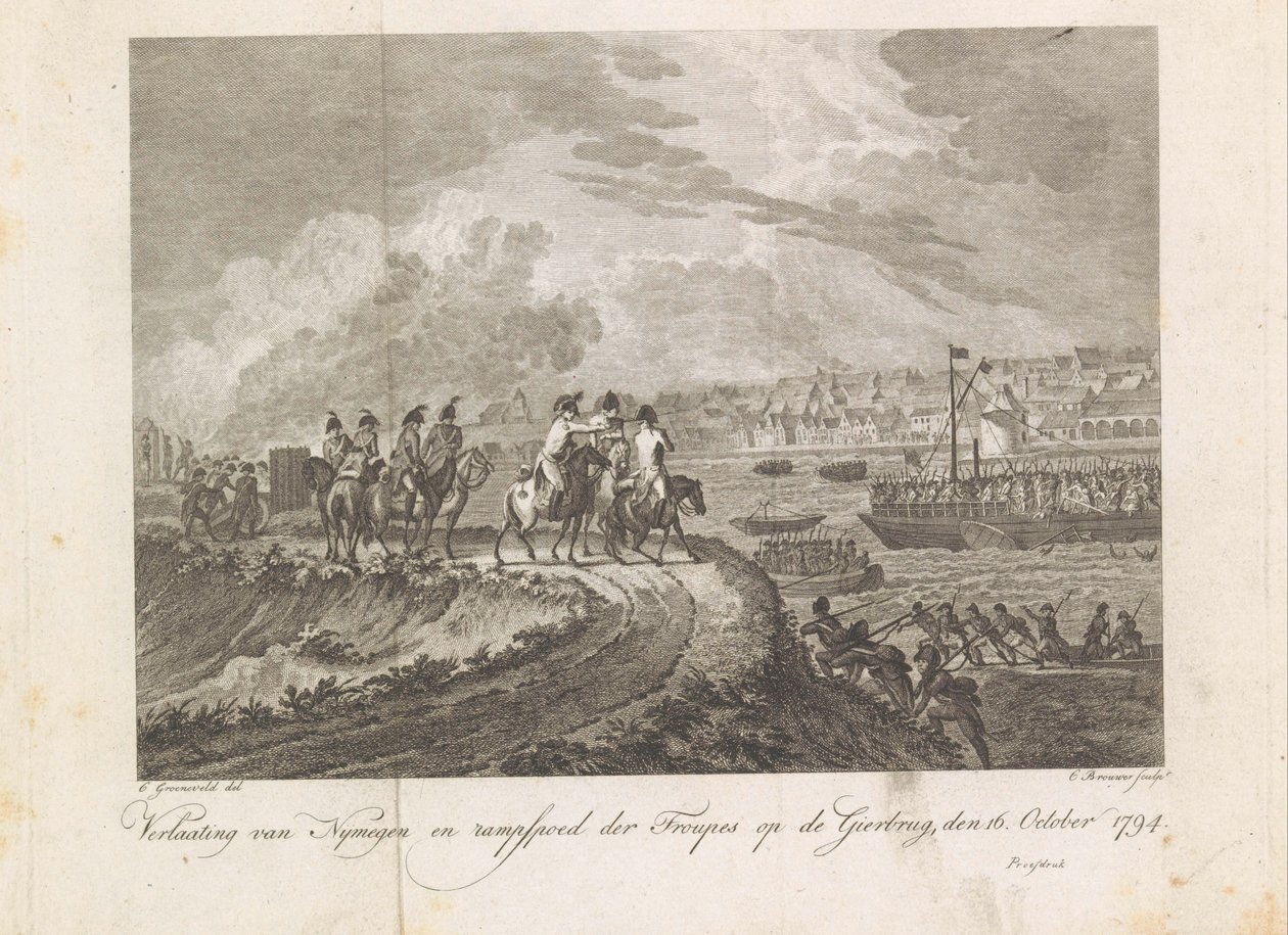 I francesi sparano alle truppe in fuga sul ponte Gier, 1794 da Cornelis Brouwer