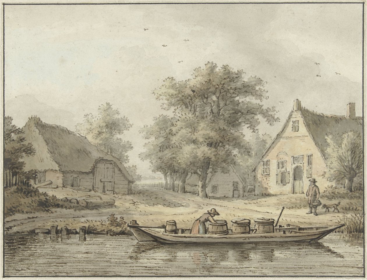 Paesaggio con barca ormeggiata con botti da Cornelis Buys