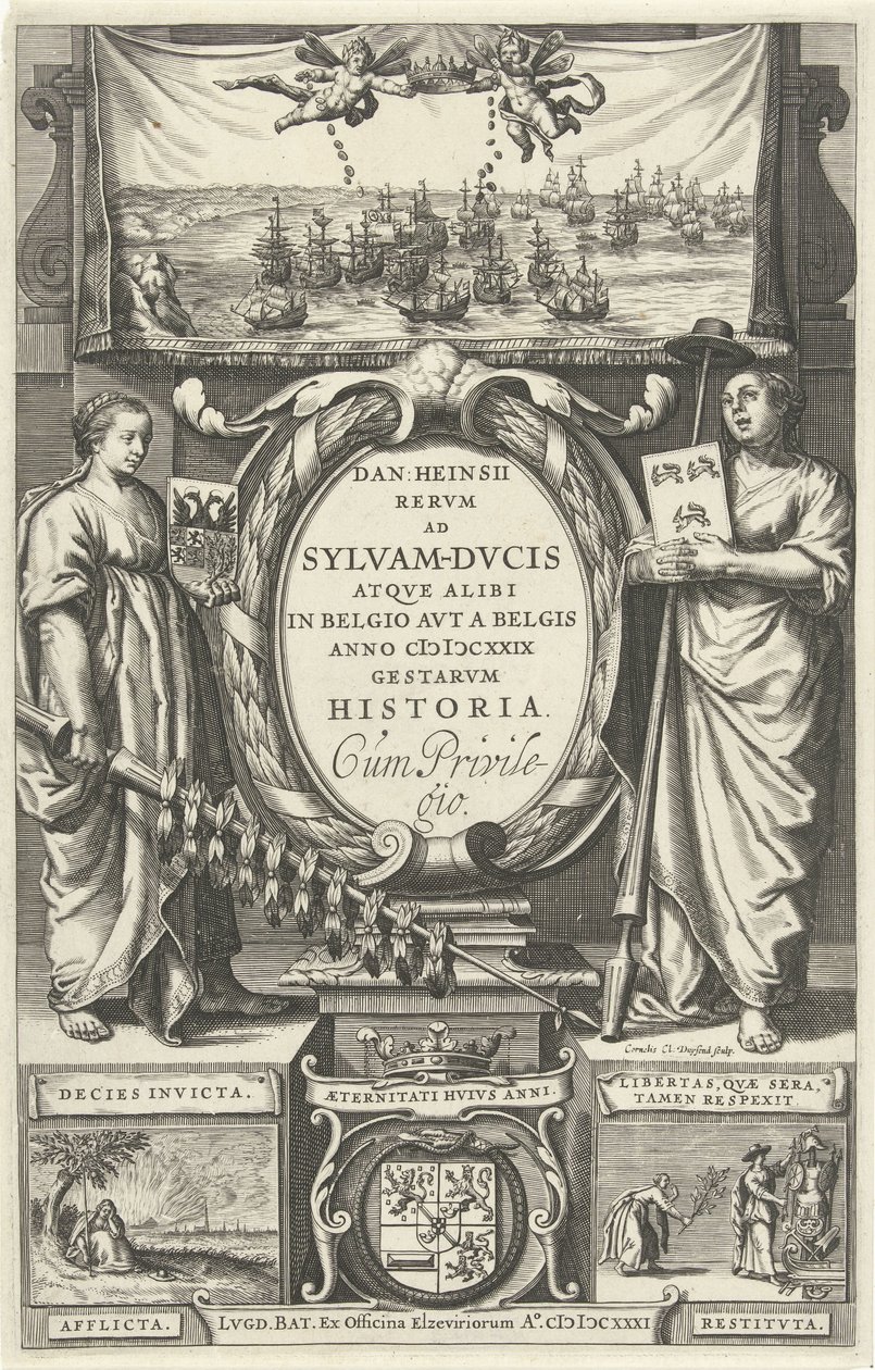 Pagina del titolo per: D. Heinsius, Rervm ad Sylvam-Dvcis atqve alibi in Belgio avt a Belgis anno M DCXXIX gestarvm historia. 1631 da Cornelis Claesz. Duysend