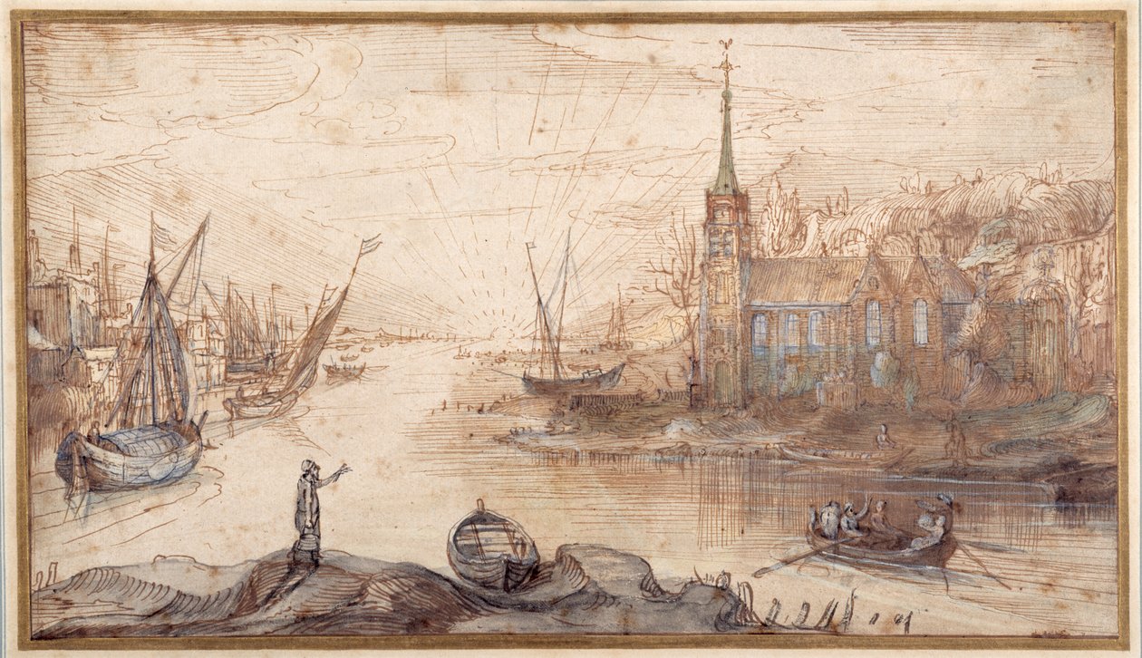 Scena di un porto con navi e una chiesa al tramonto da Cornelis Claesz  van Wieringen