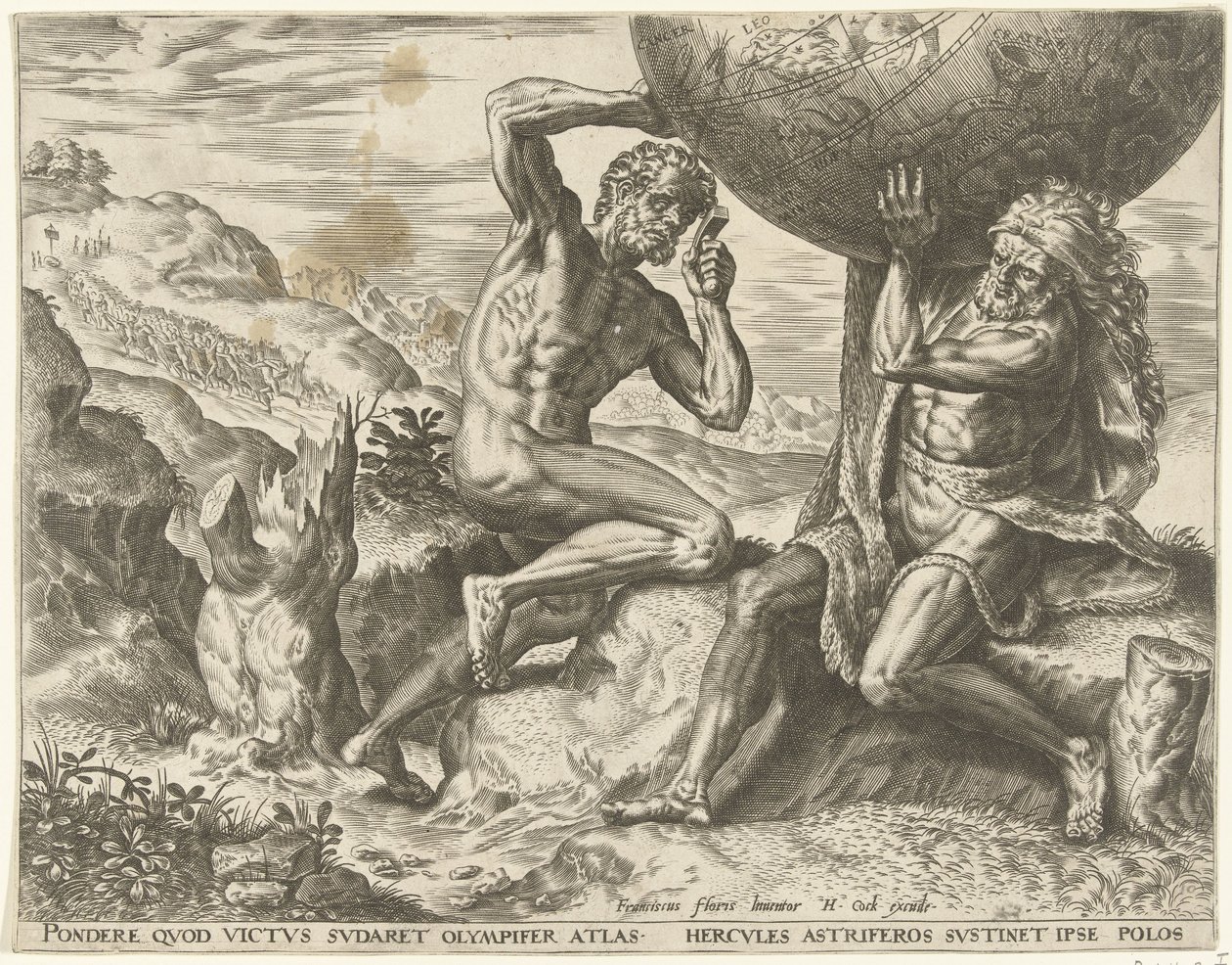 Ercole sostiene il globo per Atlante da Cornelis Cort