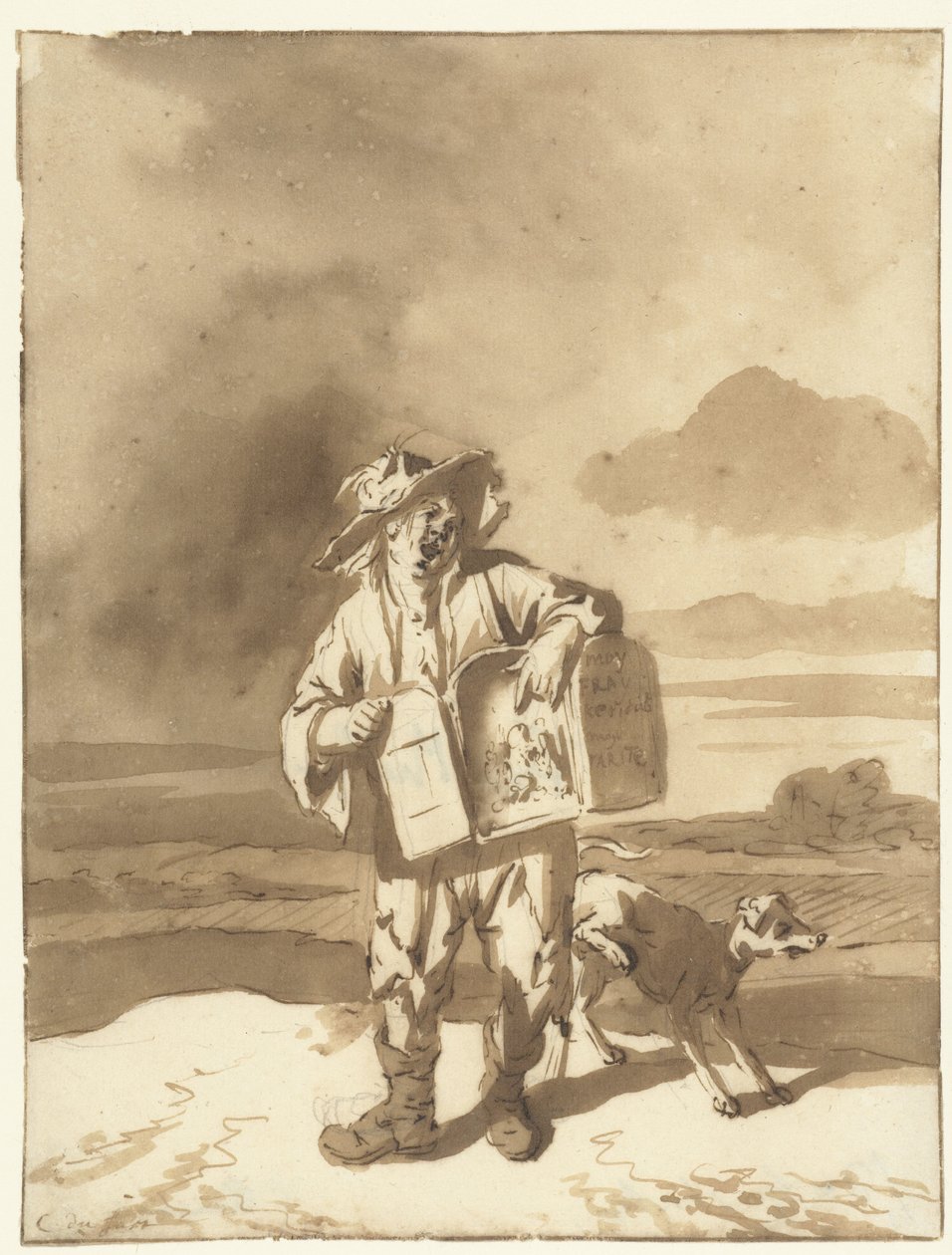 Giovane con un teatrino e un cane da Cornelis Dusart