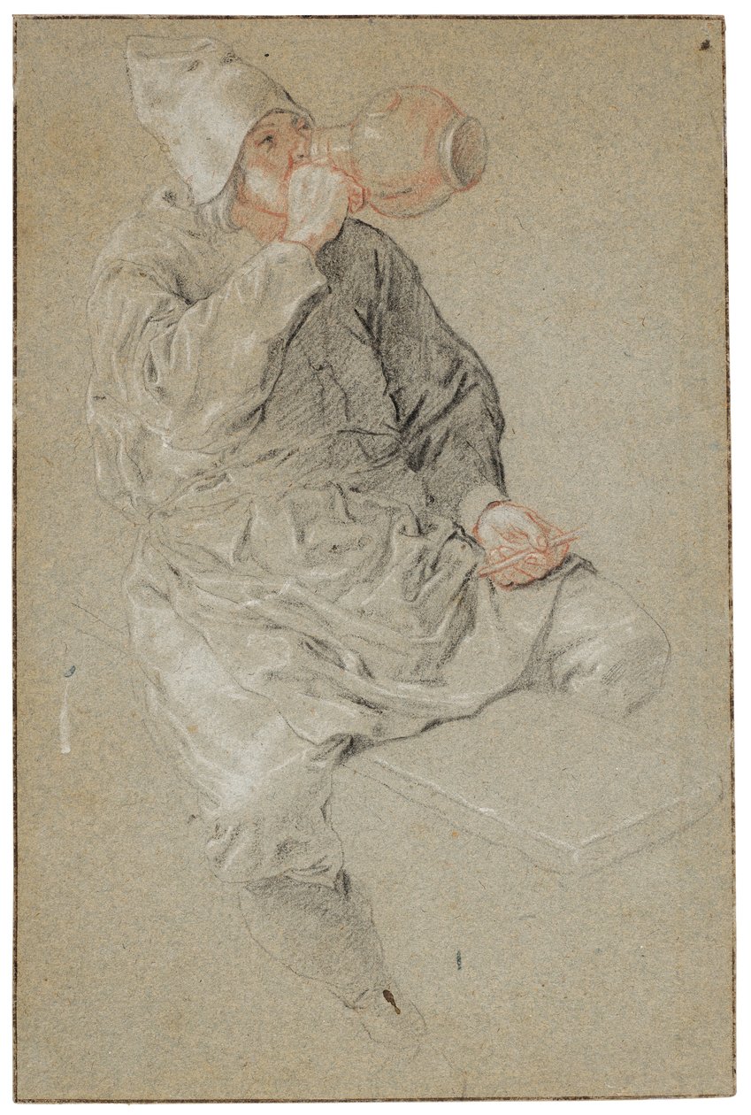 Uomo seduto che beve da un boccale di terracotta con in mano una pipa (gesso su carta) da Cornelis Dusart